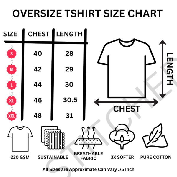 Stitched oversized tshirt size chart